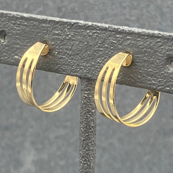 Hoop Pierced Earrings Gold Triple Shiny Simple Classic Retro Granny Soft Girl - Picture 1 of 5